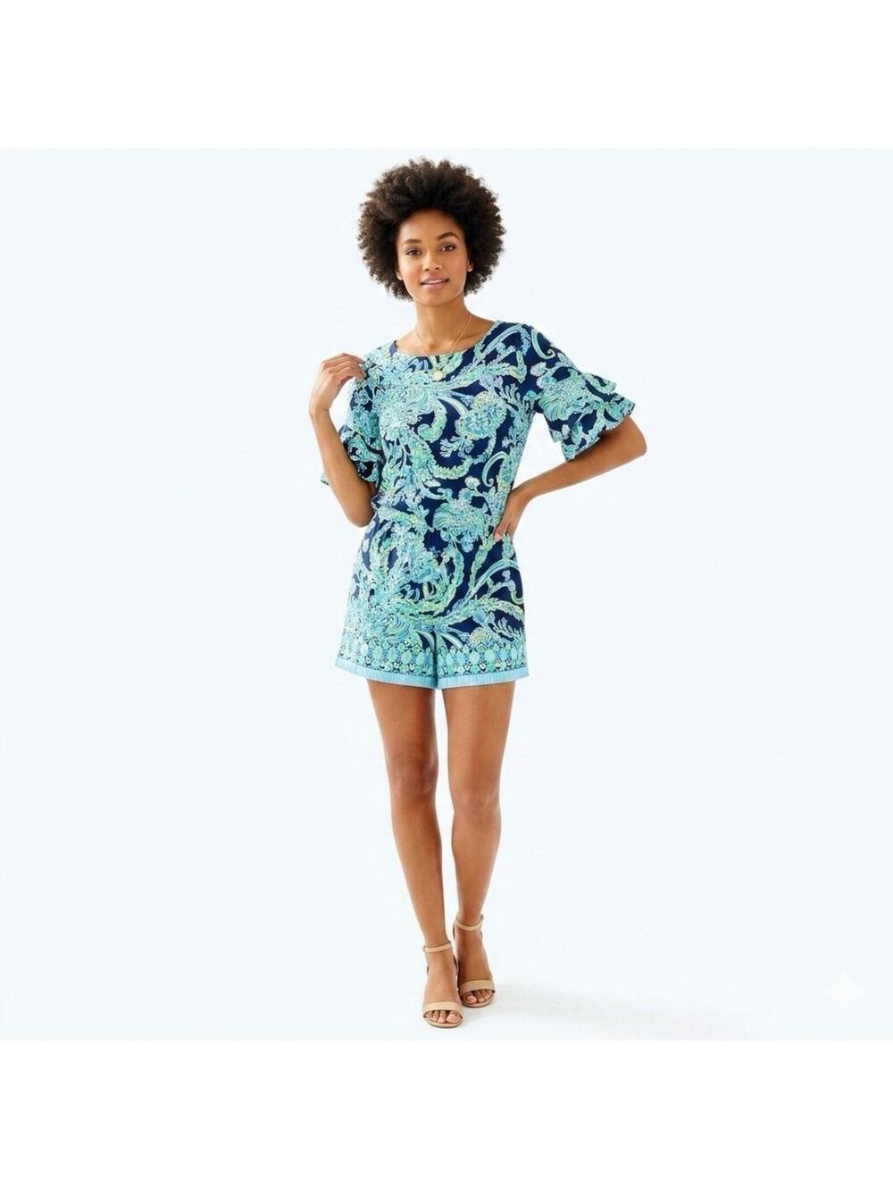 Lilly Pulitzer Lulu Romper Women's Sz L High Tide Navy Paisley Ruffle Playsuit